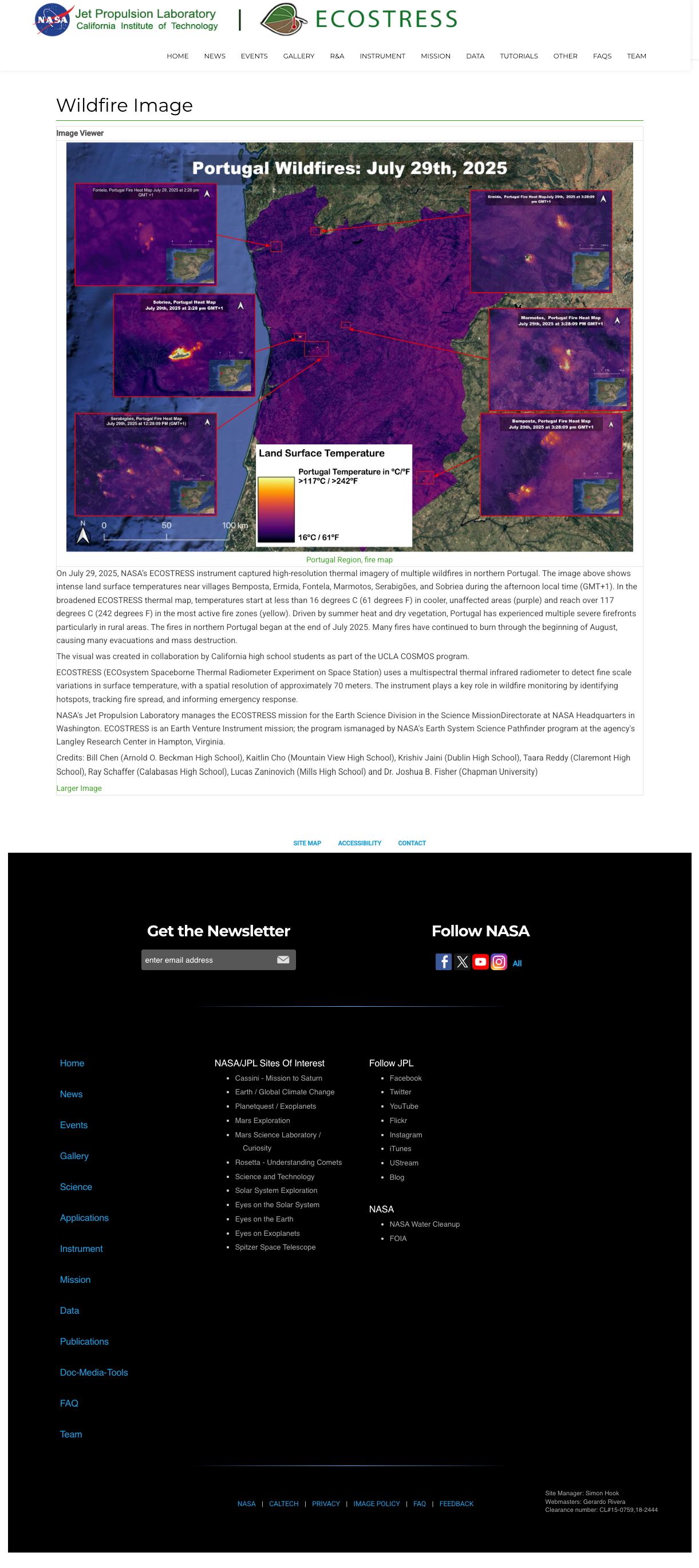 ECOSTRESS Portugal Wildfires Thermal Map, July 29, 2025